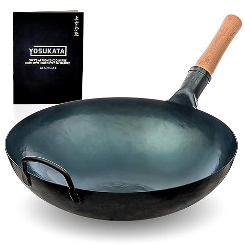 YOSUKATA Blue Carbon Steel Wok Pan – 14"/36 cm Woks and Stir Fry Pans - Chinese Hammered Wok Round Bottom Pow Wok - Traditional Chinese Japanese Woks - Blue Steel Wok (36 cm/14 inch, Blue) - 14" - Blue