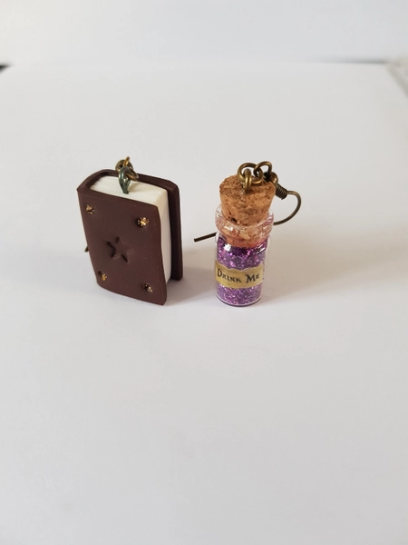 vial earrings, halloween earrings, red glitter, magic grimoire, magic book, magic earrings, magic theme