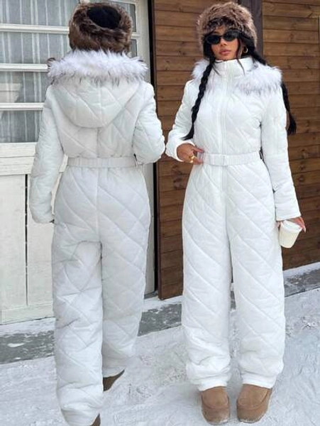 Muchica White Fuzzy Hat & Thick Jumpsuit For Women, Suitable For Playing In Snow In Autumn/Winter