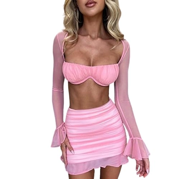 YISHATIER Women's Sexy 2 Piece Ruffle Sleeve Top Tight Mini Skirt Corset Blouse Sheer Tulle Outfits Y2K Set Short Skirt (Pink,S,Small)