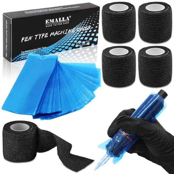 Pen Machine Covers with Grip Tapes - Rayyl 200Pcs Tattoo Pen Covers with 4Pcs Tattoo Grip Tape Wrap Grip Covers Tattoo Machine Bags Pen Sleeves Combination for Tattoo Supplies