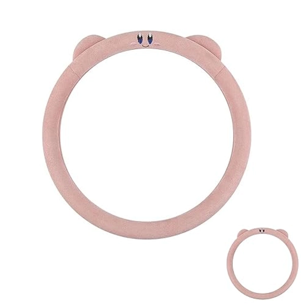 HyzXqq Adorable Cartoon Kirby Plush Steering Wheel Cover for Car, All Seasons, Fits 14.96in Steering Wheels - Car Interior Set(Round-hdw)