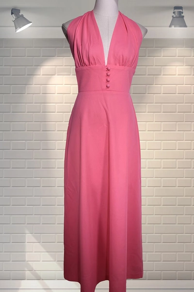 Magnificent Vintage 1970s Bubblegum Pink Halterneck Summer Disco Hostess Maxi Party Dress - UK 8