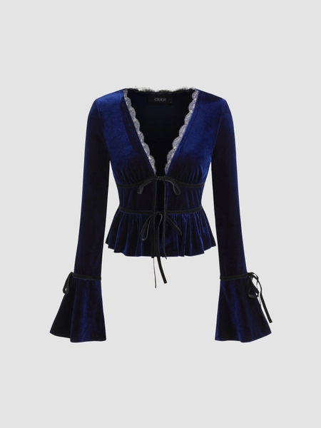 Velvet Velvet V-neck Tie Front Bell Sleeve Blouse For Party/Clubbing