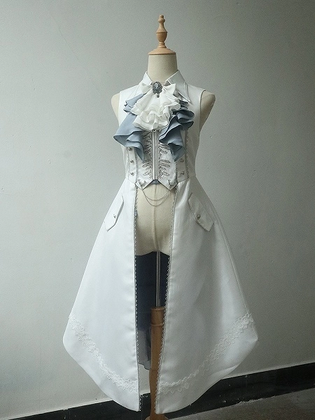 [107.12€]Gilet Long Ouji Lolita blanc brodé de côtes, avec cravate Jabot, manteau queue de sirène Prince foncé