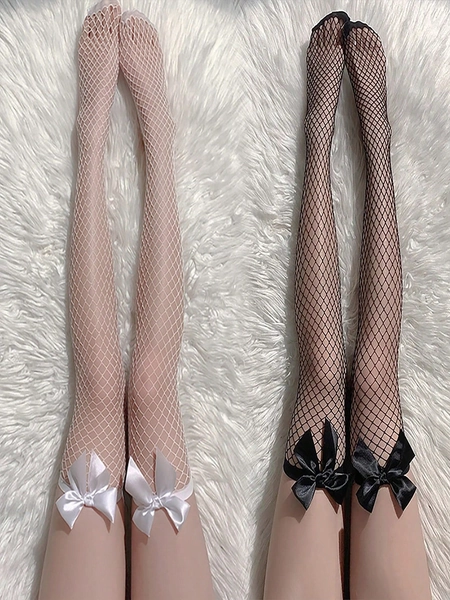 2 Pairs Black White Sexy Overknee Long Socks Women Sweet Girls Lolita Bowknot Thigh High Fishnet Stockings Gothic Punk Lace Mesh Legging