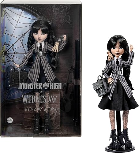 Monster High Wednesday Doll and Accessories, Wednesday Addams Collectible in Nevermore Academy Uniform with Thing and Backpack, Doll Stand - Black