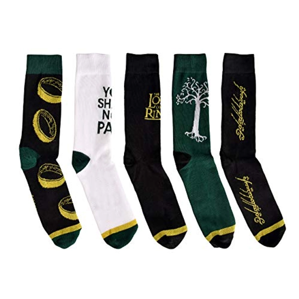 Elbenwald Herr der Ringe Socken 5er Set mit verschiedenen Motiven aus Mittelerde: Der Eine Ring, You Shall Not Pass, Baum von Gondor, Filmlogo und Ringinschrift Größe 41-45