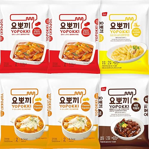 Yopokki Instant Tteokbokki Pack Set (6 Packs - 2 Sweet Mild Spicy, 2 Cheese, 1 Onion Butter, 1 Jjajang) Korean Street Food with Various Flavored Sauces - Quick & Easy to Prepare - Variety Pack