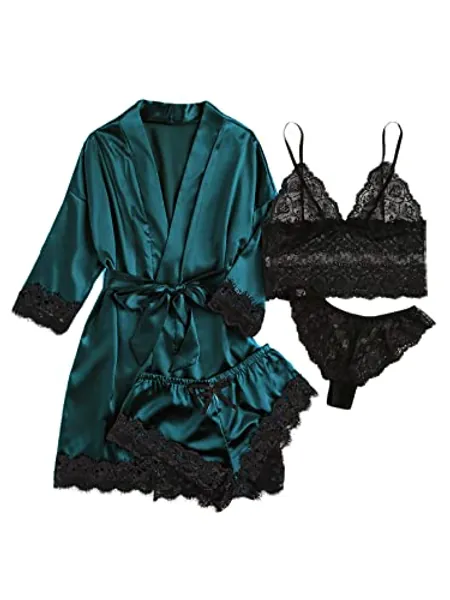 SOLY HUX Women's Satin Pajama Set 4pcs Floral Lace Trim Cami Lingerie Sleepwear with Robe