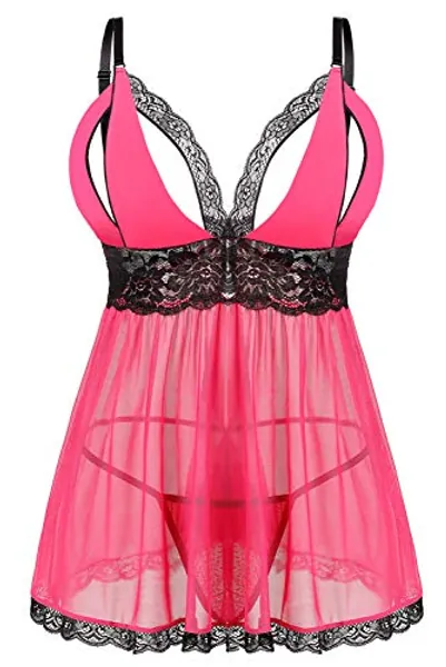 Donnalla Women's Sexy Plus Size Lingerie - Split Cup Lace Babydoll Sleepwear Chemise Set 2XL,3XL,4XL