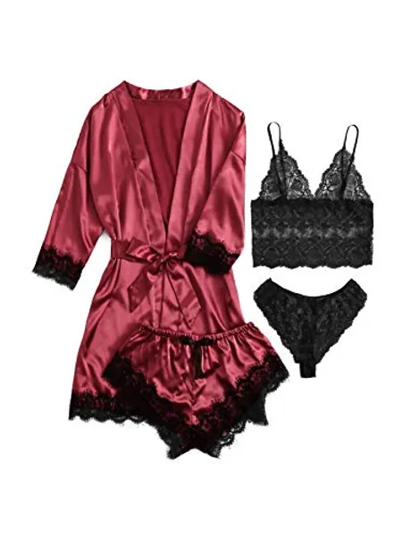 SOLY HUX Women's Satin Pajama Set 4pcs Floral Lace Trim Cami Lingerie Sleepwear with Robe