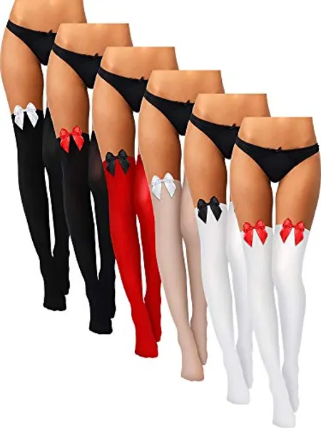 Geyoga 6 Pairs Women Bow Thigh High Stockings Valentine's Day Over the Knee Socks for Women Girls Daily Dress