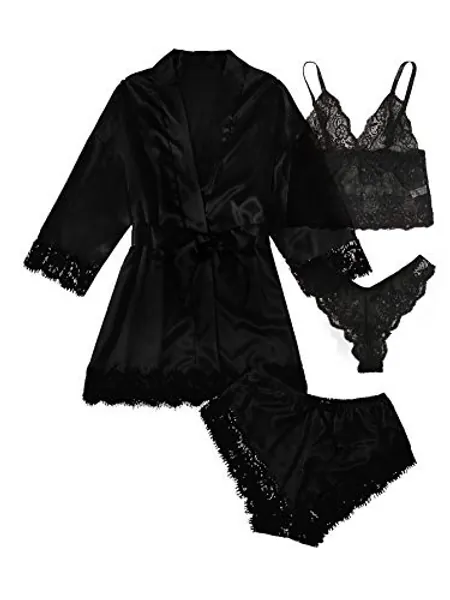 SOLY HUX Women's Satin Pajama Set 4pcs Floral Lace Trim Cami Lingerie Sleepwear with Robe