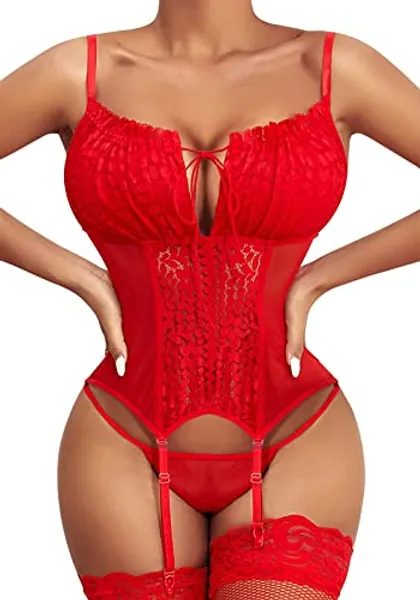 ACELANDY Women Corset Lingerie Bodysuit Set & Plus Size Corset Lingerie Tummy Control Sexy Lingerie for Women