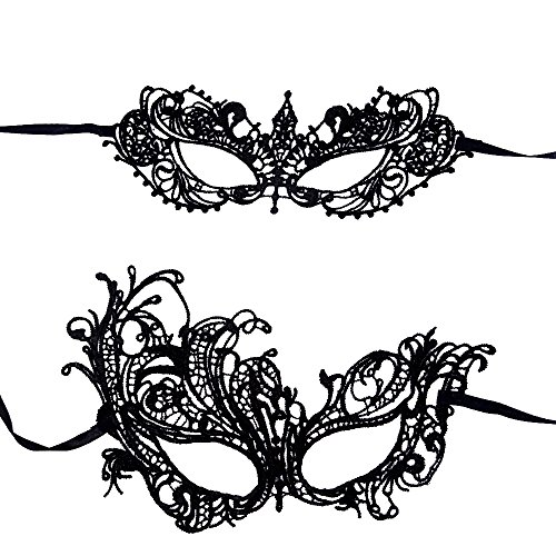 Honbay 2PCS Mysterious Fun Lace Masks for Masquerade Proms, Hallowmas Party, Photo Shoot - Black