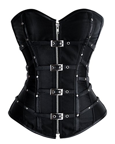 Charmian Women's Gothic Punk Satin Boned Zipper Overbust Corset Top with Buckles - 3X-Large - Black