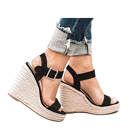 VICKI·VICKI Women's Platform Sandals Wedge Ankle Strap Open Toe Sandals - 7 - Black-1#