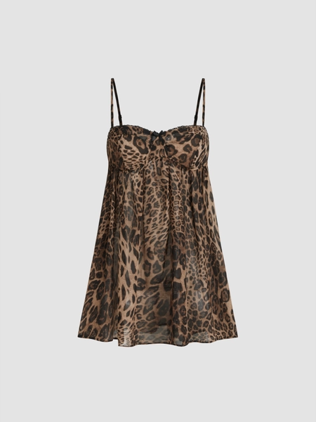 Chiffon Leopard Bowknot Oversized Mini Nightdress