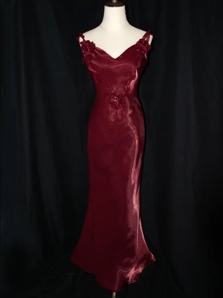 [$84.75]Dark Red Vintage Floral V-neck Evening Gown Lace-up Back Mermaid Dress