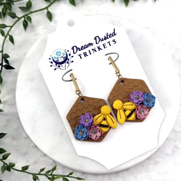 Hexagon Honeycomb with Bee and Flowers Polymer Clay Earrings Mother&#39;s Day Birthday Christmas Easter Just Because Friendship Gift Valentine