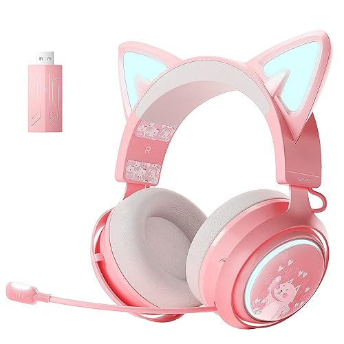 SOMiC Cat Ear Headphones, 2.4GHz Wireless Gaming Headset for PS4, PS5, PC, Bluetooth Headset for Smartphone, RGB Lighting, Retractable Mic, 7.1 Surround Sound, Cute Cat Ear Gaming Headset for Girls - PINK