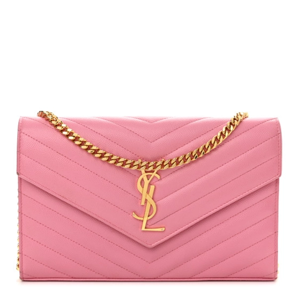SAINT LAURENT Grain De Poudre Matelasse Chevron Monogram Chain Wallet Indian Pink | FASHIONPHILE