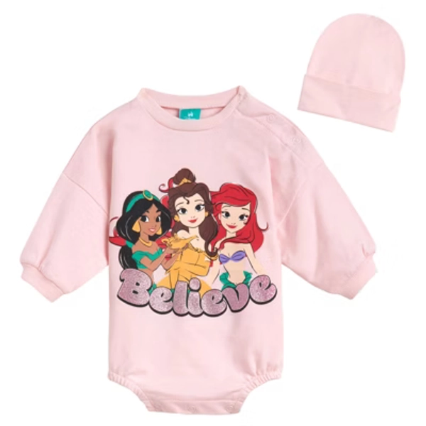 Disney Princess Jasmine Belle Ariel Infant Baby Girls French Terry Bubble Romper Oversized Bodysuit and Hat Baby Pink Princess 18 Months