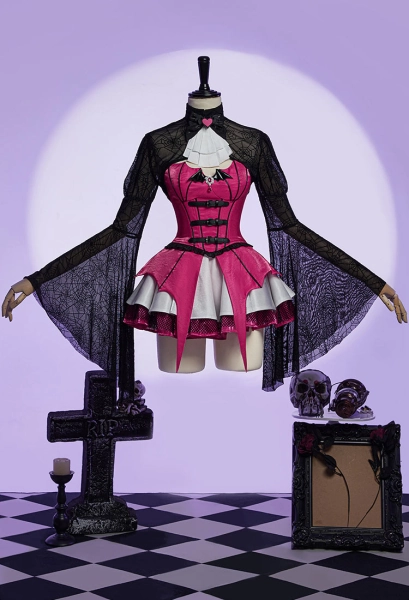 Haunted Night Gothic Corset Skirt Set Irregular Bat Styled Top and Multi-layered Skirt with Mesh Cover-up