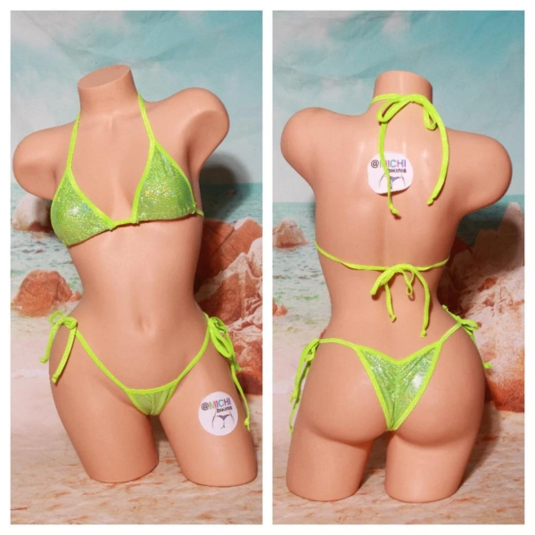 Shattered Holographic Neon Green w Neon Green Trim Medium Coverage Top Scrunch Butt 2 Piece Micro String Bikini Set One Size