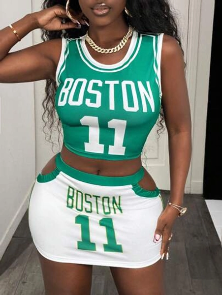 BamGleam 2pcs/Set Women Letter Print Round Neck Tank Top And Bodycon Mini Skirt