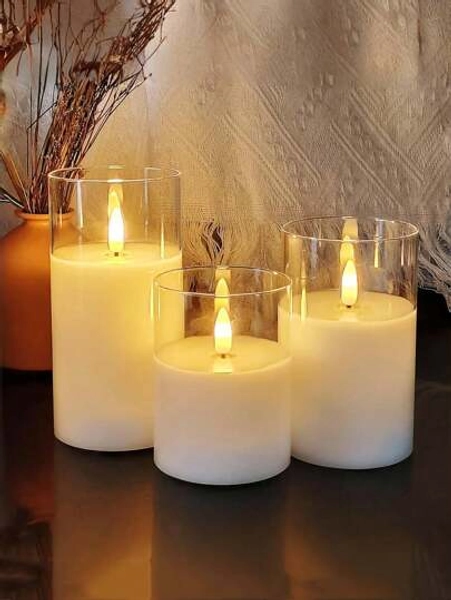 3 White Flameless Taper Candles, With Battery Powered