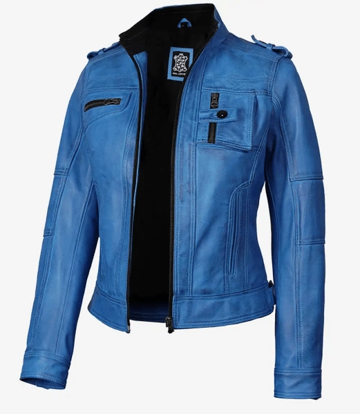 Tavares Women's Distressed Blue Leather Biker Style Jacket