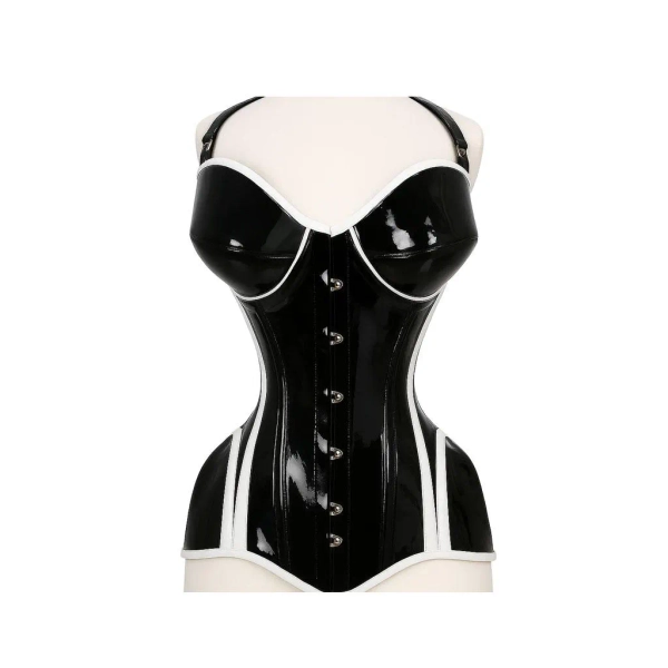 Glossy Black and White Vinyl Overbust Corset with Underwire Cups and Steel Boning