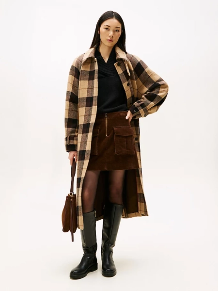 Check Wool Blend Oversized Belted Coat