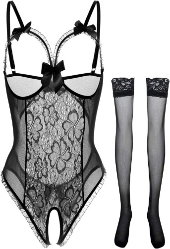 Lingerie for Women Sexy Teddy One-Piece Lace Babydoll Bodysuit Nightie Plus Size - Medium A-(black+stockings)