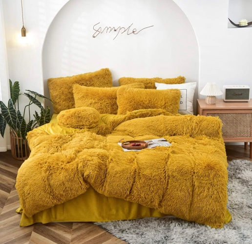 mustard yellow . faux fur . duvet cover bedding set