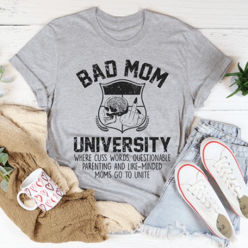Bad Mom University Mom Tee - Athletic Heather / S