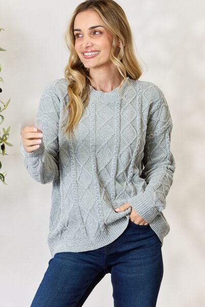 BiBi Cable Knit Round Neck Sweater - Dust Sage / M