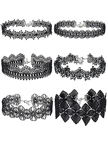 Mudder Choker Necklace Black Choker Lace Choker Gothic Necklace for Women Girls, Black, 6 Pieces