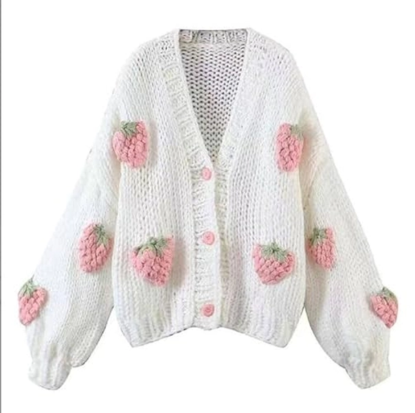 AISYBB Women's Sweet Japanese Strawberry Embroidered Knit Cardigan Top Korean Retro Elegant Cute Kawaii Coat