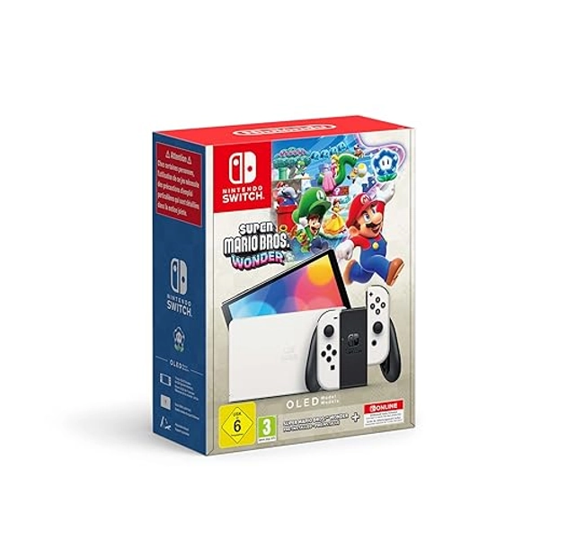 Nintendo Console Switch OLED (bianco) con gioco Super Mario Bros. Wonder preinstallato e abbonamento 12 mesi Switch Online