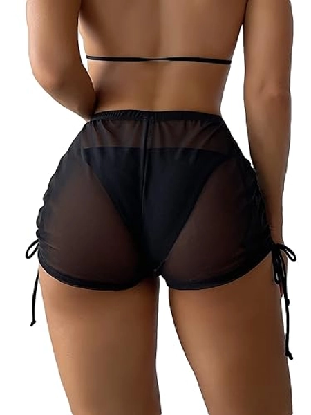 Falainetee Women's Drawstring Side Mesh Sheer Beach Summer Cover Up Shorts Bikini Bottoms