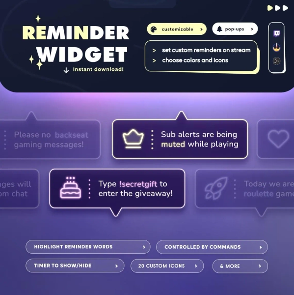 Pop-Up Reminder Widget | Twitch | 30 Icons and Chat Commands | StreamElements OBS Streamlabs