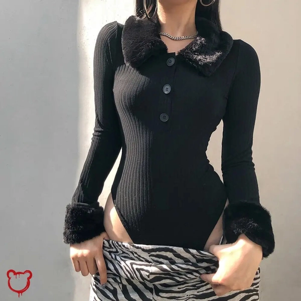 Knitted Faux Fur Bodysuit (Black)
