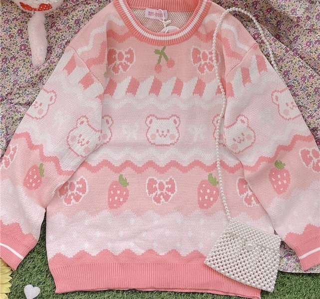 Strawberry Kitty Kidcore Knit Sweater