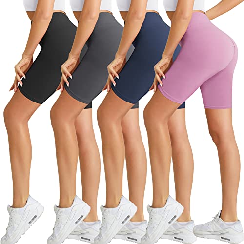 Natural Feelings 4 Pack Biker Shorts for Women-8" Workout Athletic Gym Sports Yoga Shorts Pants High Waist Cycling Shorts - Small-Medium - 4pack Black/Dark Gray/Navy Blue/Lavender