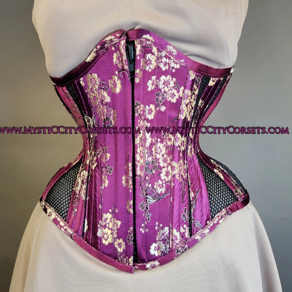 MCC44L Cherry Brocade Black Mesh Underbust Corset