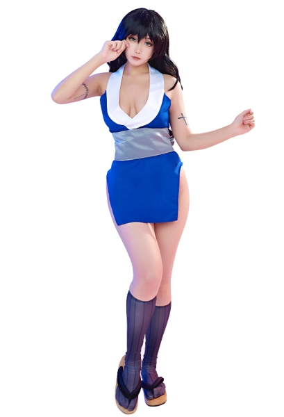 KNY Demon Fighter Suma Cosplay Costume High Split Yukata Sexy Kimono Dress with Obi Socks