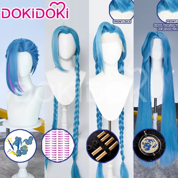 【Braided Ver Ready For Ship】【Front Lace】DokiDoki Anime Game Cosplay Wig Blue Braided Pigtail / Hairtied / Long Straight Version Hair / Tattoo Sticker / Necklace / Bullet Headwear